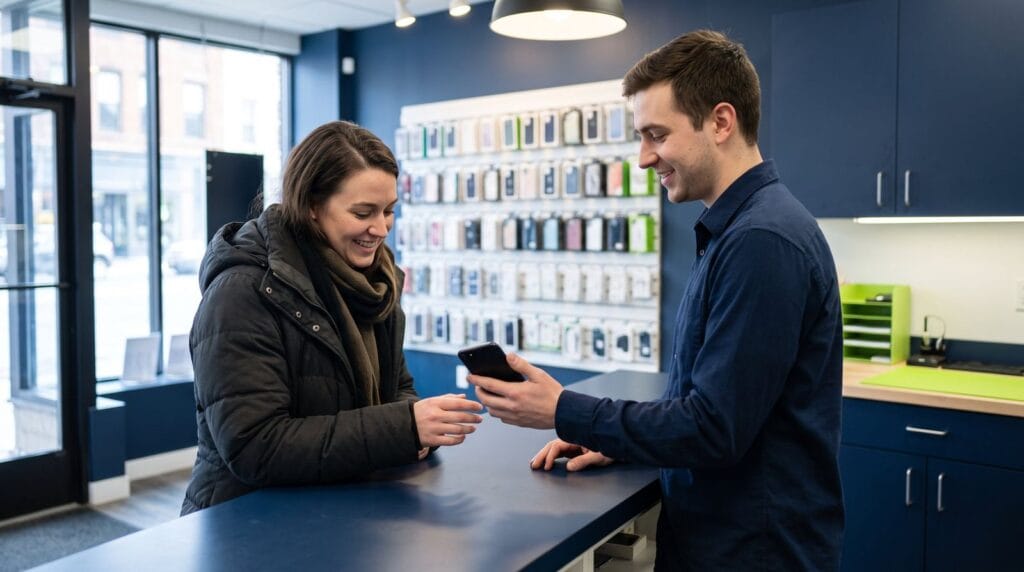 A staff member showing a customer a phone at the counter