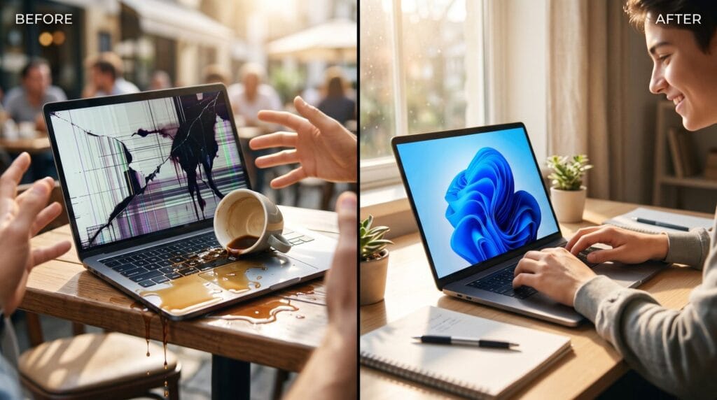 Before: coffee spilled on a laptop with a damaged screen. After: the laptop working again