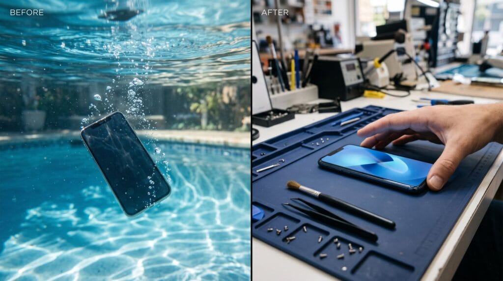 Before: a phone sinking in a pool. After: the phone working again on a repair mat