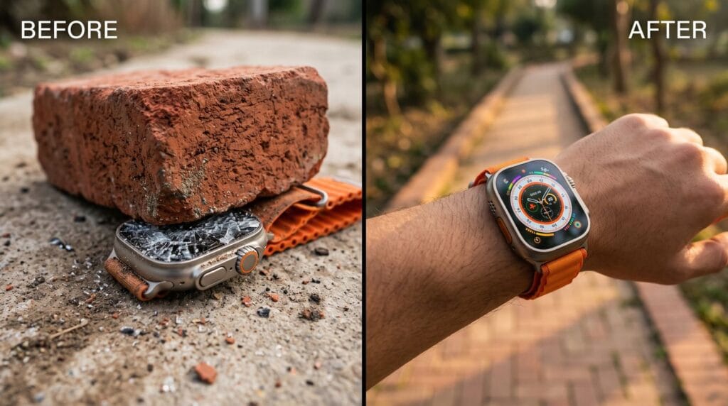Before: a smartwatch with a shattered screen. After: the watch working on a wrist