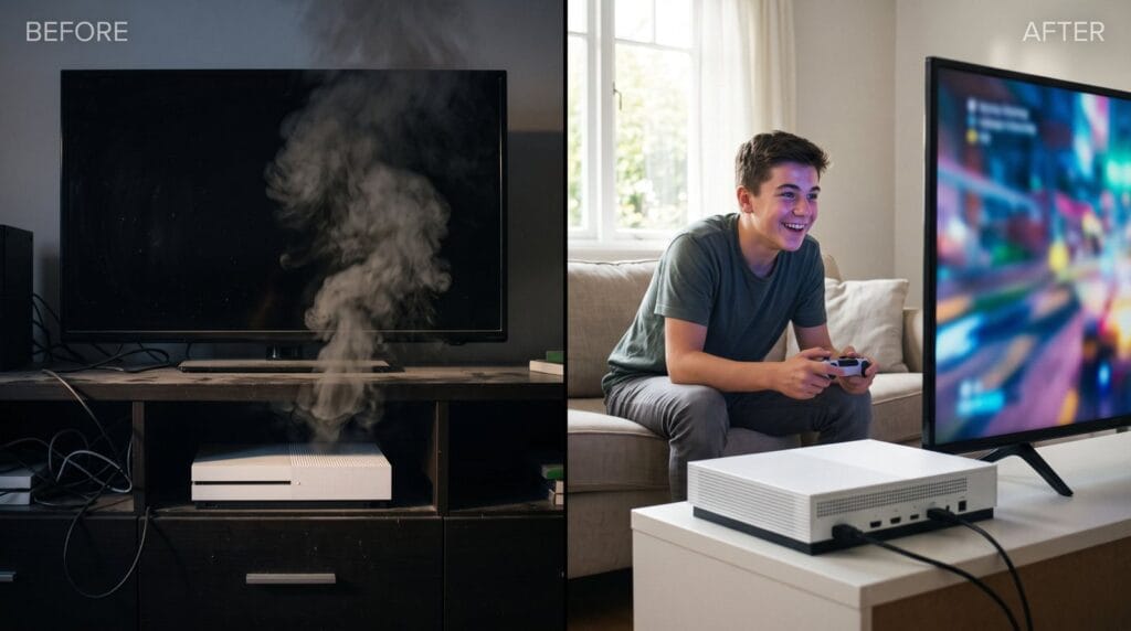 Before: a smoking Xbox and a blank TV. After: playing again